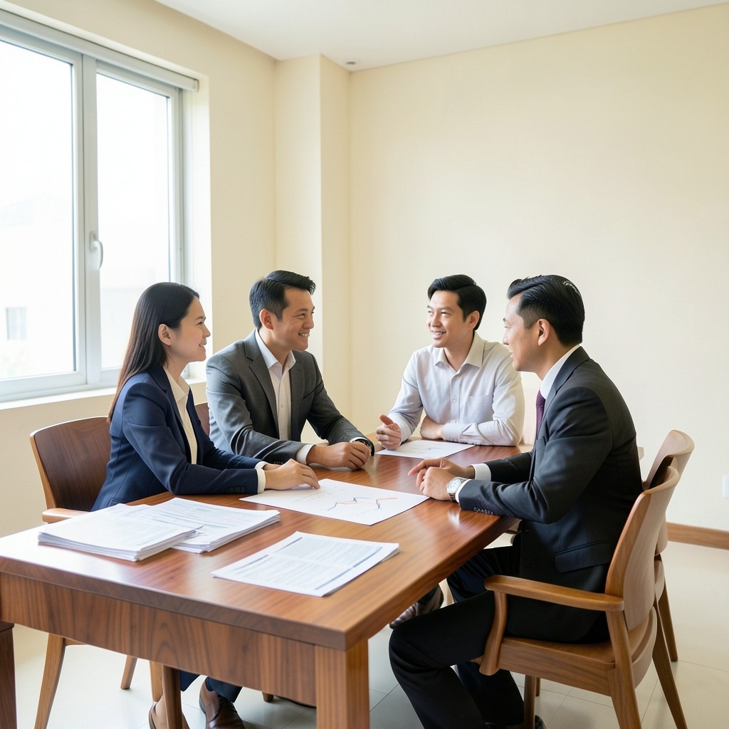 Analysts discussing printed purchasing reports in a bright Thai office with soft natural light