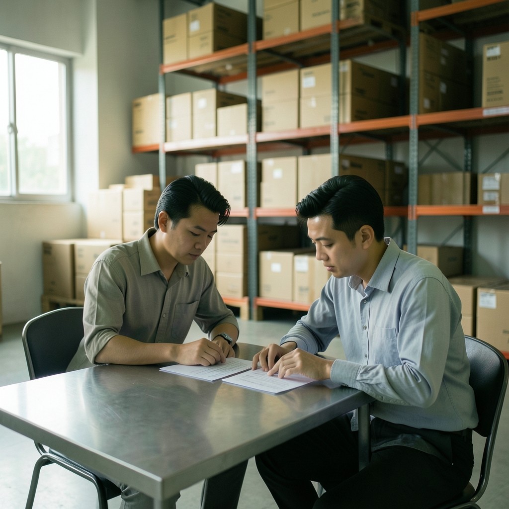 Manufacturing procurement team reviewing purchasing documents beside warehouse racking in Thailand