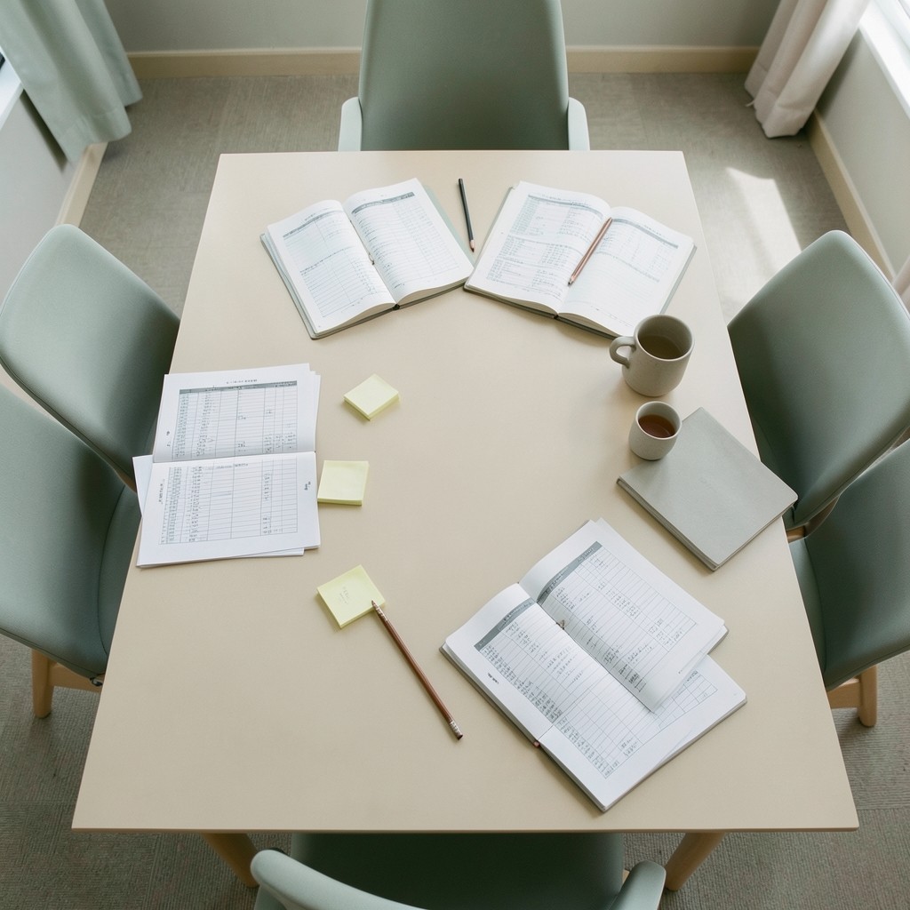 Workshop table with purchasing printouts, sticky notes, and notebooks in a calm Thai meeting room