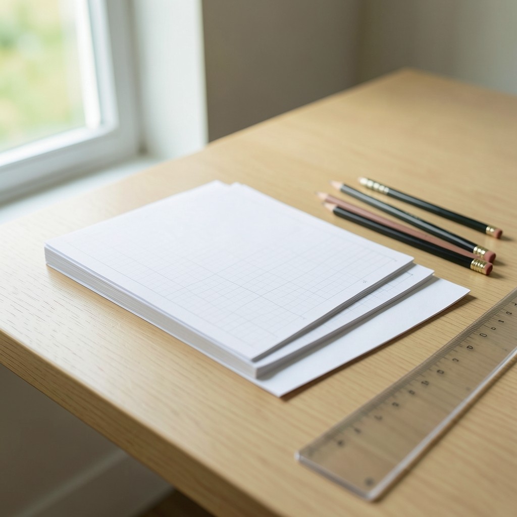 Visualization specialist desk with printed chart sheets and pencils