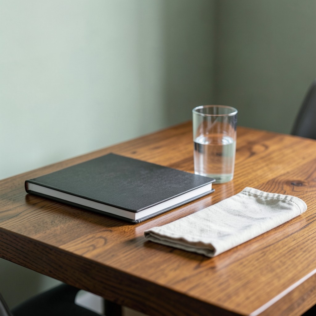 Workshop facilitator table with closed notebooks and a water glass